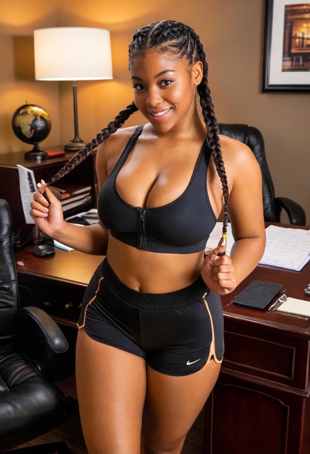luna is standing next to the desk smiling,freya is unzipping her sports bra,luna naked,boobs,freya black sports bra,b…
