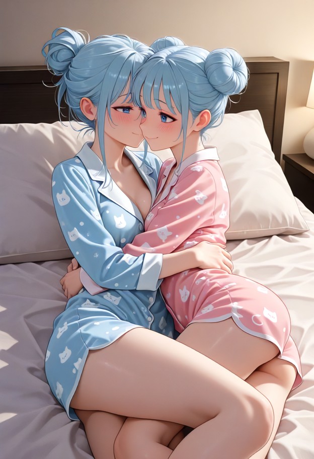 smas,cute_pajamas,silk_pajamas,sleepwear,shy,shy smile,blushing cheeks,gentle look,solo,eye contact,,bedroom,bed,pill…