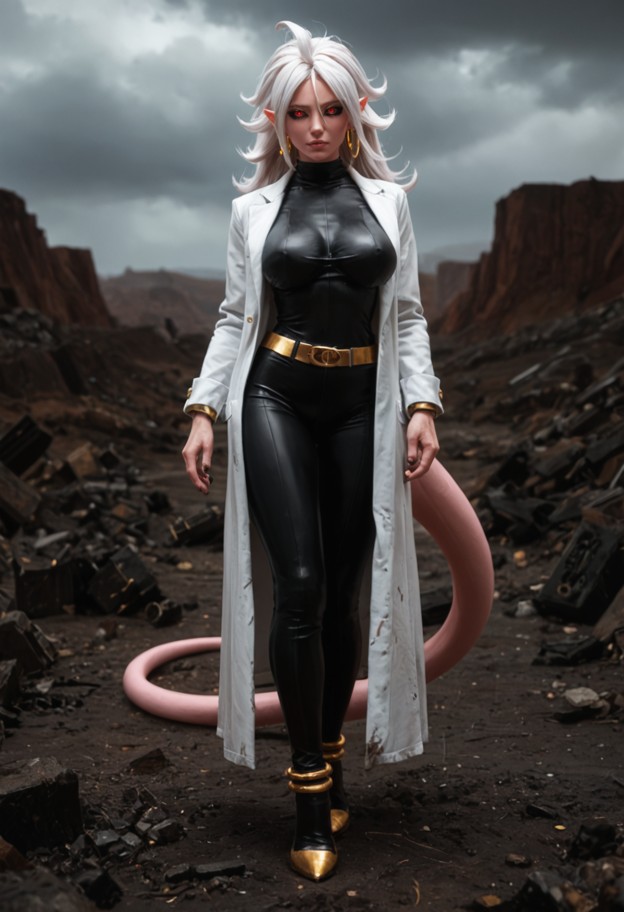 a she is stands in a desolate wasteland,licking her lips,white lab coat,black bodysuit,desolate cratered wasteland,gr…