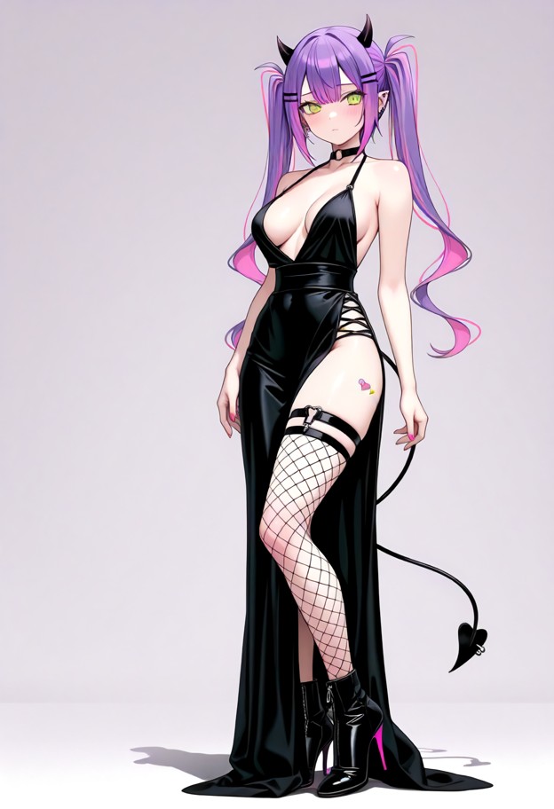 a she is stands posing in a slit evening dress,evening dress,thigh high leather boots,stiletto heels,luxury ballroom,…