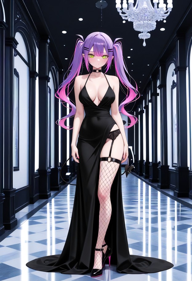 a she is is standing in a ballroom,wearing evening dress,slit dress,garter belt,stockings,stiletto heels,ballroom,lux…