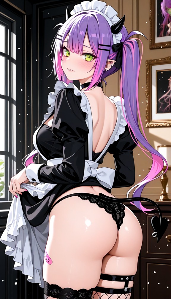 1girl,underwear,panties,ass,breasts,maid,thighhighs,black_panties,solo,maid_headdress,enmaided,indoors,clothes_lift,p…