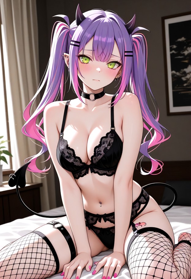 she is,solo,wearing lingerie,facing viewer,bedroom,medium shot,soft lighting