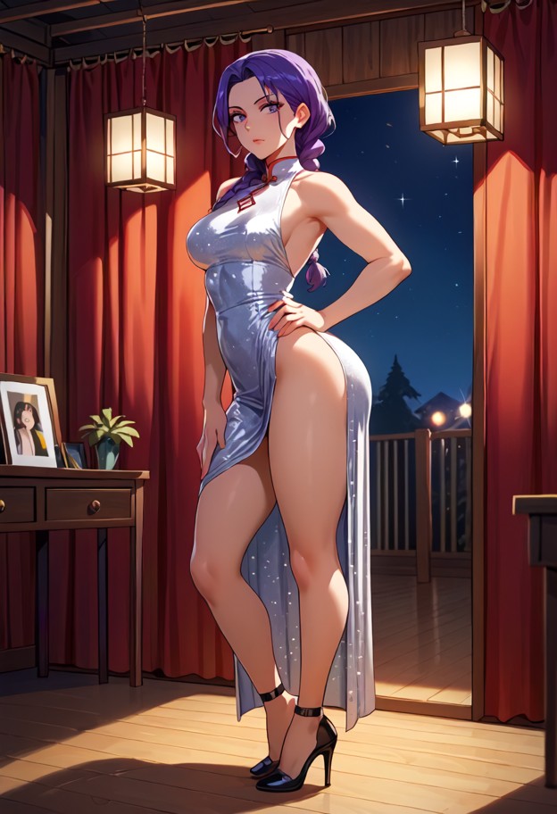 1girl standing in shiny silver dress and black heels,hands on hips,sparkle on hips,dimly lit room,backstage,dark red …