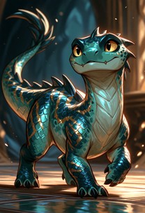 Rexas is standing on all fours. She moves with a light, bouncy gait and a curious tilt of her head while her tail fli…