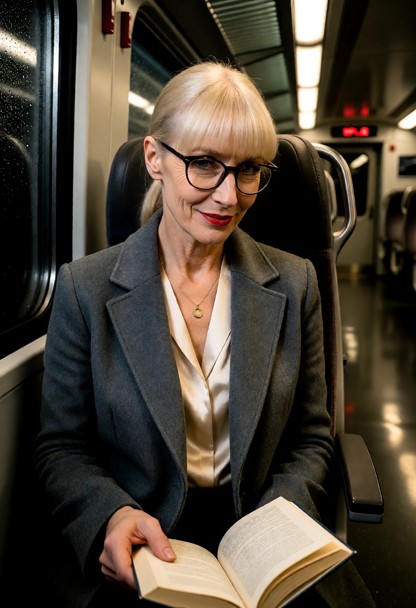 Location: evening inside a quiet commuter train car with dim overhead lights and rain streaking against the dark wind…