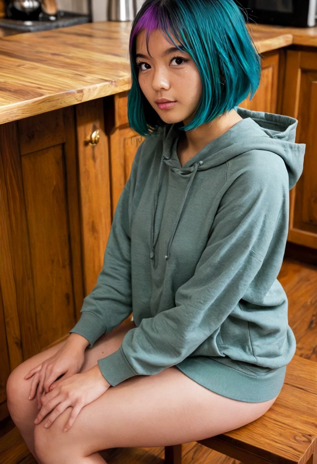 she is sitting at a wooden table with head bowed and eyes glistening with tears,oversized grey cotton hoodie,kitchen,…