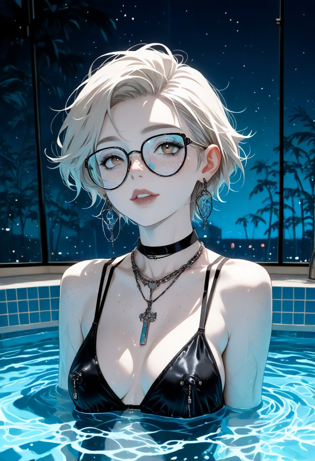 photorealistic high-fashion portrait of a glamorous woman half-submerged in a crystal-blue swimming pool,looking dire…