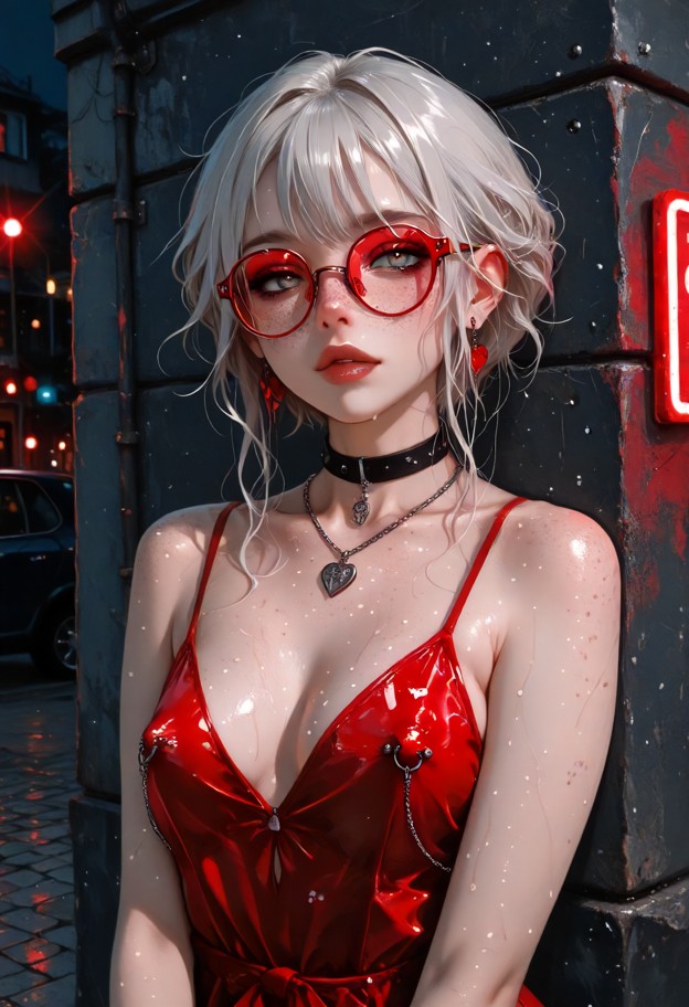 a stunning woman with wavy hair and bold red lipstick poses sensually in a tight,shiny red dress. the dress features …