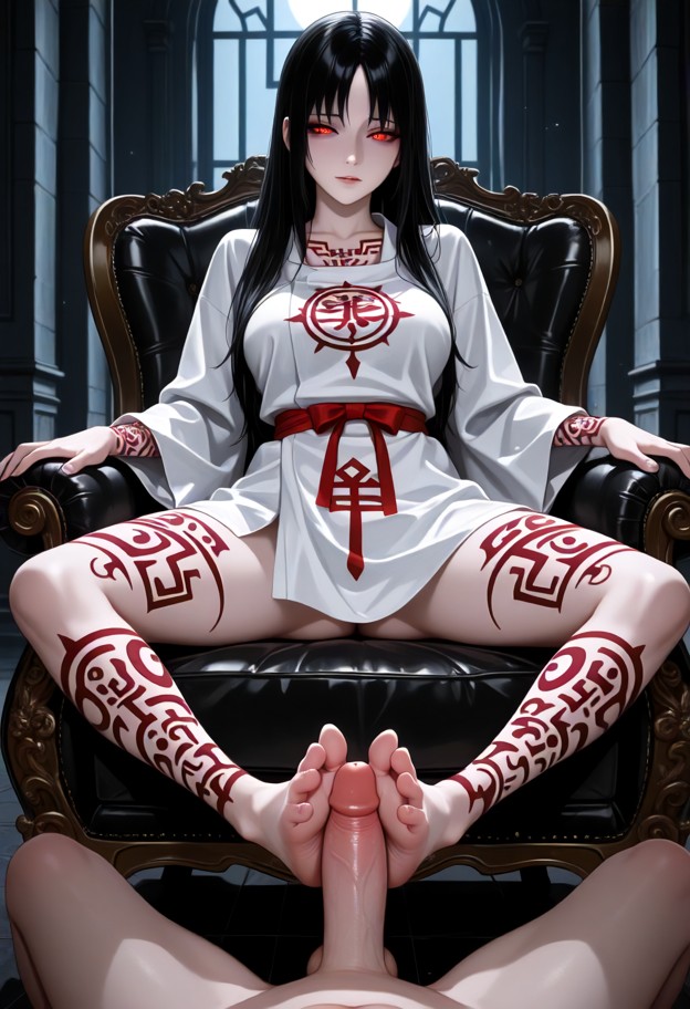 1girl performing footjob,1girl,naked,two girls,dark ebony floors,semen,white tunic,moaning,ecstatic,tears,dark wood a…