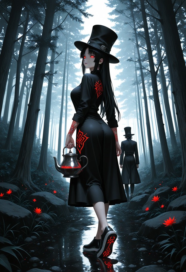 (vertical
 composition:1.3),high-end modern aesthetic,(alice in wonderland tea 
party in a redwood forest:1.2),contem…