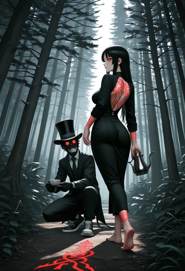 (vertical
 composition:1.3),high-end modern aesthetic,(alice in wonderland tea 
party in a redwood forest:1.2),contem…