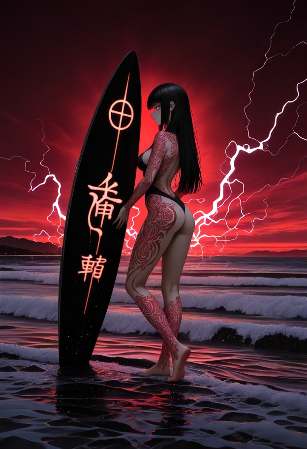 full body view. a  woman is standing 
balanced with both feet firmly on a professional black surfboard(1.9),riding
 i…