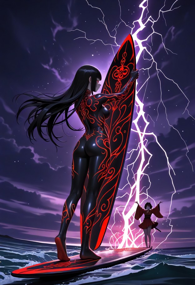 extreme
 wide action shot,full body view,a warrior woman standing on a 
surfboard with both feet,surfing inside a mas…
