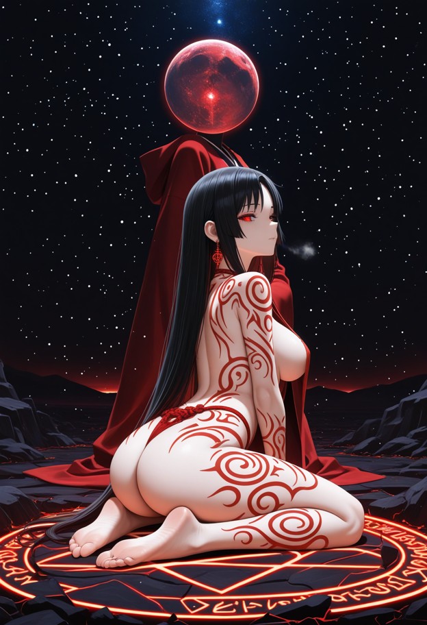 three goddesses in a circular formation,surrounding a large,primordial
 planet in the center. their faces show a mixt…