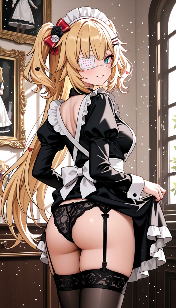 1girl,underwear,panties,ass,breasts,maid,thighhighs,black_panties,solo,maid_headdress,enmaided,indoors,clothes_lift,p…