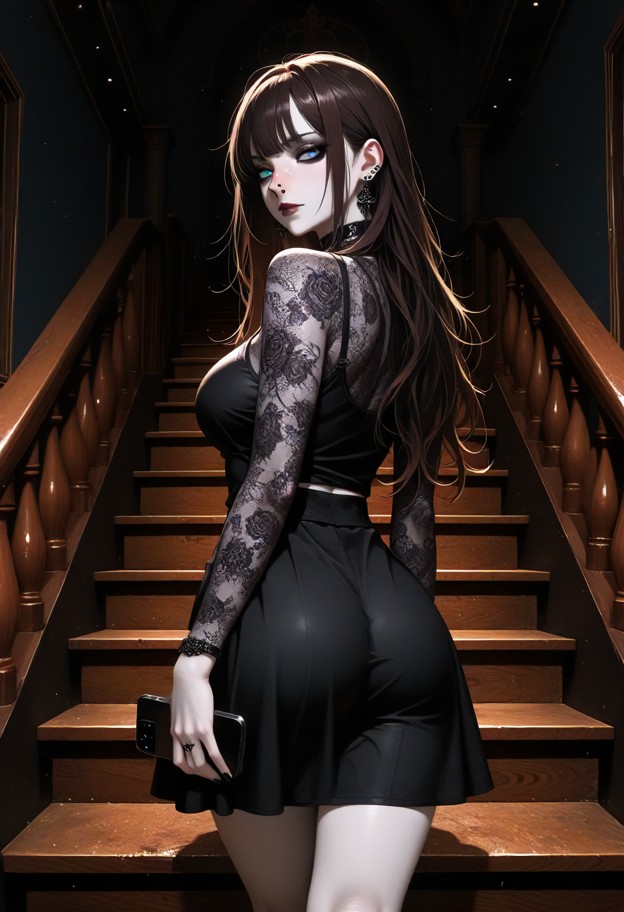 she is is walking down the wooden stairs holding a smartphone,low-cut black silk top,black fabric skirt,dimly lit hou…