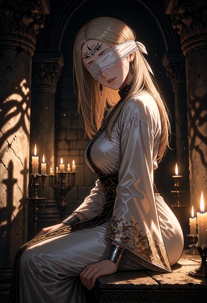 Location: dim and ancient temple interior with flickering candlelight casting long, dancing shadows against weathered…