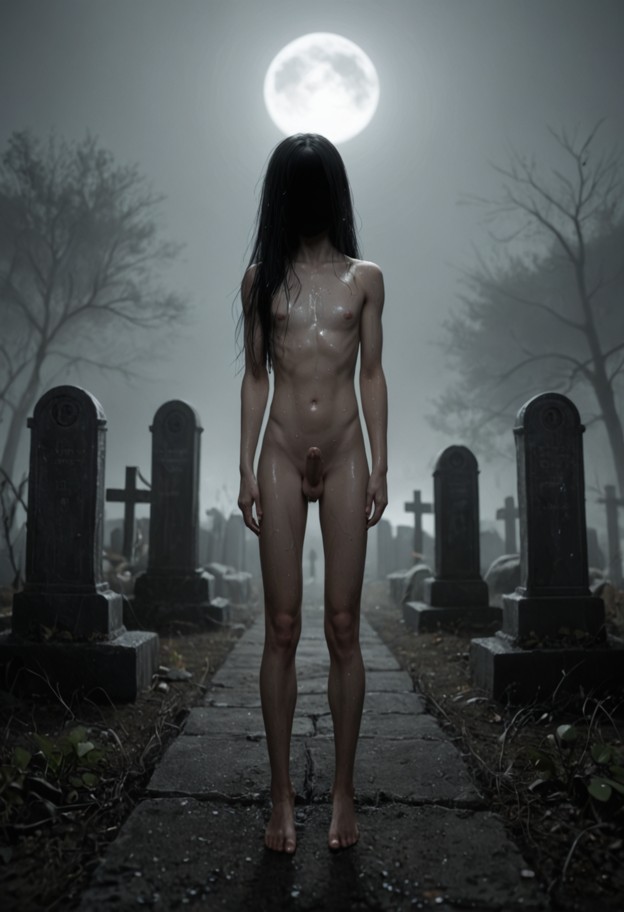 young femboy ghost,flat boy chest,thick backsde,young femboy cock,full-body view,head-to-toe composition,centered fra…