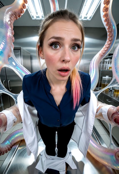 Location: sterile laboratory with bright fluorescent overhead lights reflecting off metal surfaces, glass containers,…