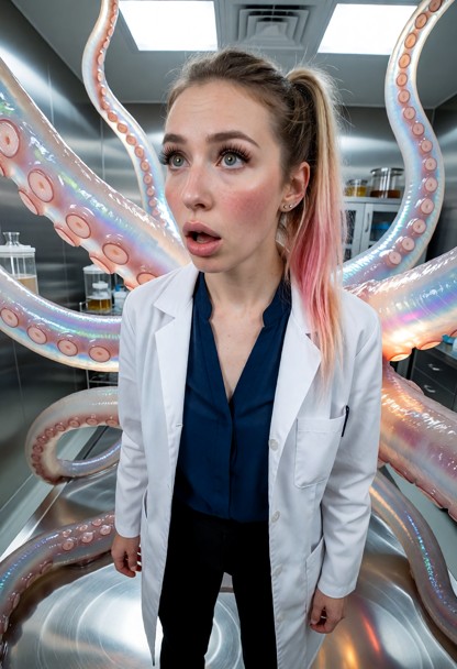 Location: sterile laboratory with bright fluorescent overhead lights reflecting off metal surfaces, glass containers,…