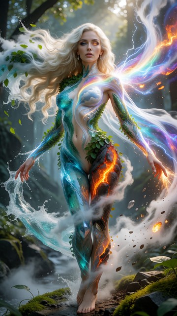 Full-body superhero standing at the center of a breathtaking natural landscape, entire figure visible from head to fe…