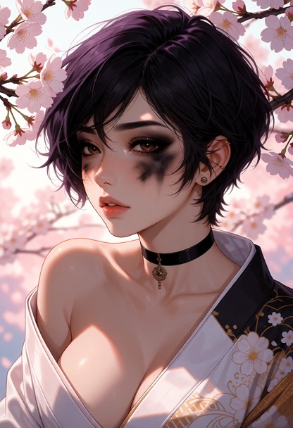anime, a woman in a kimono under cherry blossoms, soft pastel colours, upper body, one character only, solo, no other…