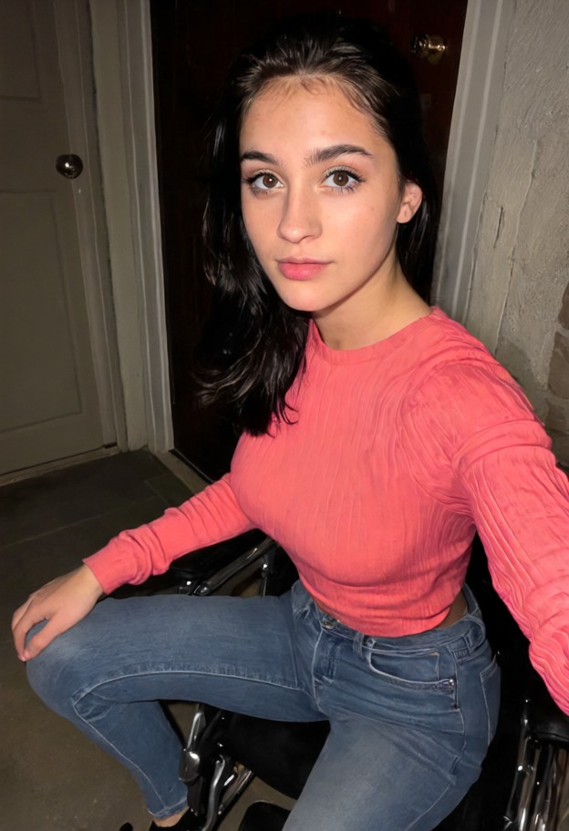 maya sits on the concrete doorstep,pink sweater,blue denim jeans,black leather loafers,house doorstep,dark wooden doo…