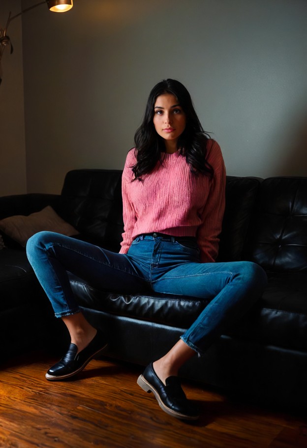 maya sits on the couch fidgeting with her sweater,pink cotton sweater,dark blue denim jeans,black leather loafers,dim…