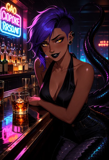 Location: a dimly lit, moody bar at night where the buzzing neon sign casts vibrant, shifting hues of pink and blue a…