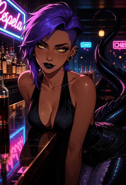 Location: a dimly lit, moody bar at night where the buzzing neon sign casts vibrant, shifting hues of pink and blue a…