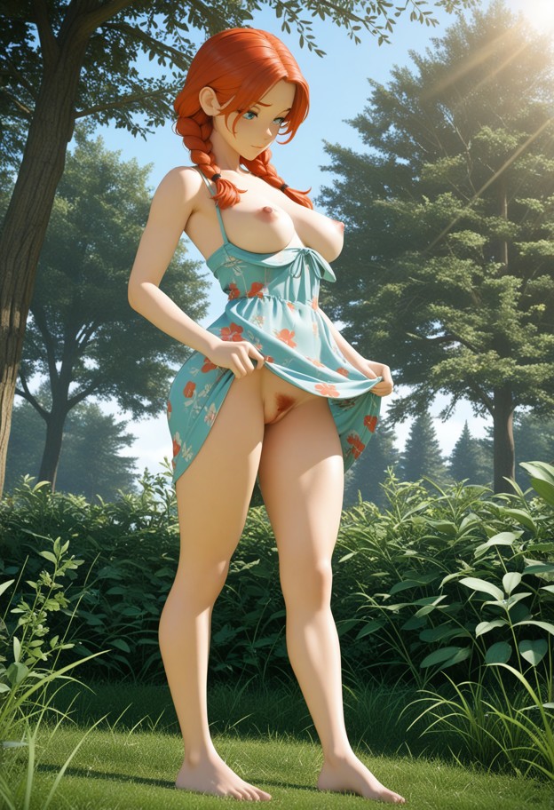 standing,she is looking down,fiddling with dress,floral print sundress,sunny outdoor park,green grass,trees,full body…