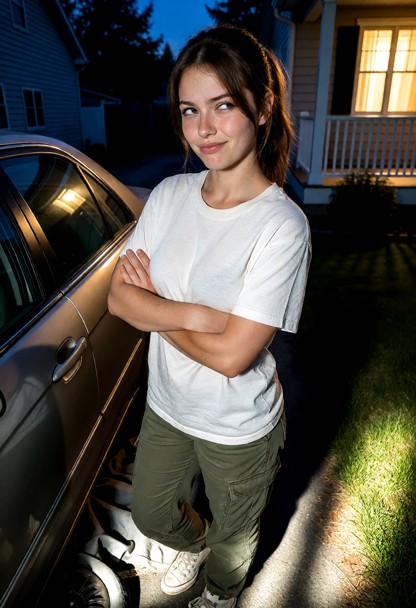 Location: evening in a dimly lit driveway beside a stalled car, with the cool blue light of dusk contrasting against …