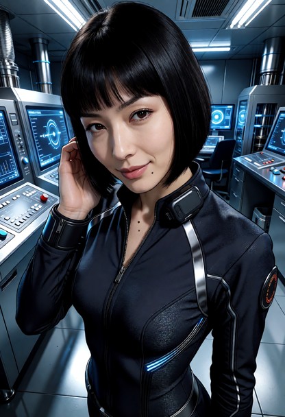 Location: high-tech experimental laboratory filled with glowing blue control panels, sleek metallic surfaces, and hum…