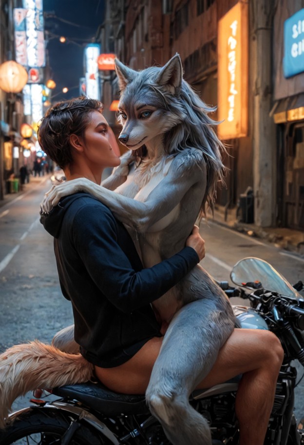 straddling motorcycle,biting shoulder,grinding hips,furry,black cotton hoodie,blue denim jeans,damp crotch,empty city…