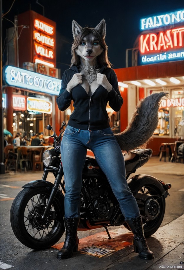 a furry character is stumbling forward and laughing,black cotton hoodie,unzipped,blue denim jeans,black leather boots…