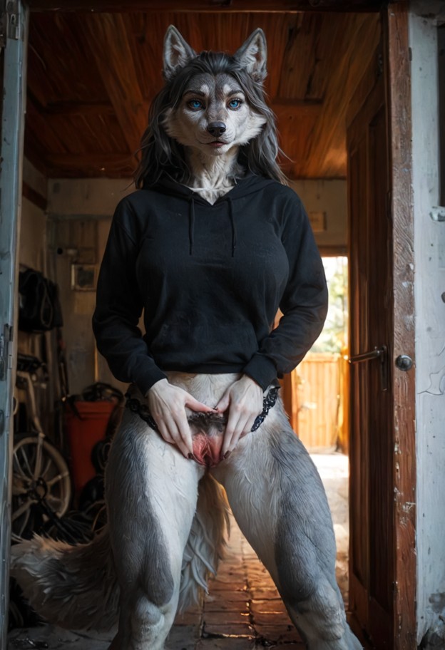 a furry she is is howling against the garage door,black cotton hoodie,wet white lace panties,,dim garage,concrete flo…