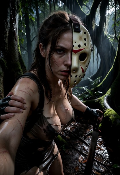 Location: dense dark woods at dusk with thick foliage, ancient mossy tree trunks, and heavy humidity; dim, filtered m…