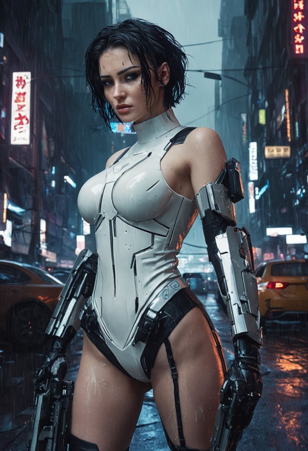 female cyberpsycho,pale skin,short dark hair,intense eyes,white cybernetic limbs,exposed chrome implants,torn clothin…