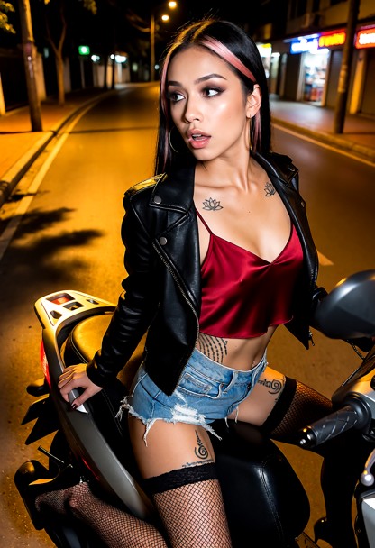 Location: night on a quiet city street illuminated by the warm, golden glow of nearby streetlights and the soft neon …