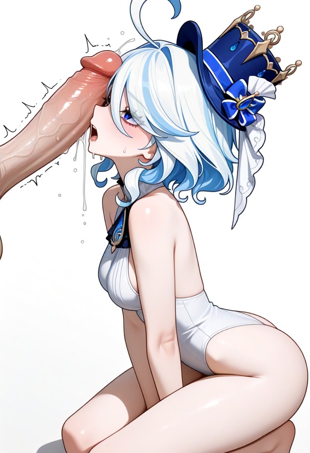 1girl,gigantic erect penis on face,long penis,white leotard sweater,hands between legs,on knees,female_ejaculation,lo…