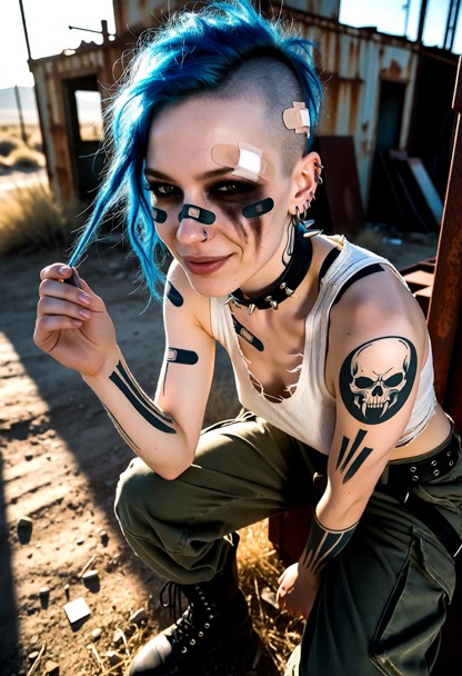 Location: a gritty, sun-drenched wasteland outpost with rusted metal structures, dusty ground, and harsh afternoon li…
