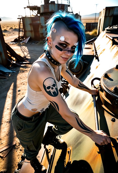 Location: a gritty, sun-drenched wasteland outpost with rusted metal structures and dusty ground, where the harsh aft…