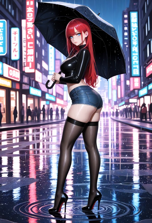 low-angle
cinematic street shot focusing on long legs in tight denim hot pants
and sheer black stockings with a vin…