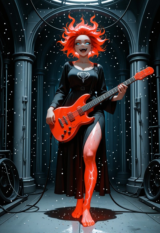 composition: extreme vertical wide-angle shot,full-body view of the guitarist. she is positioned in the lower two-thi…