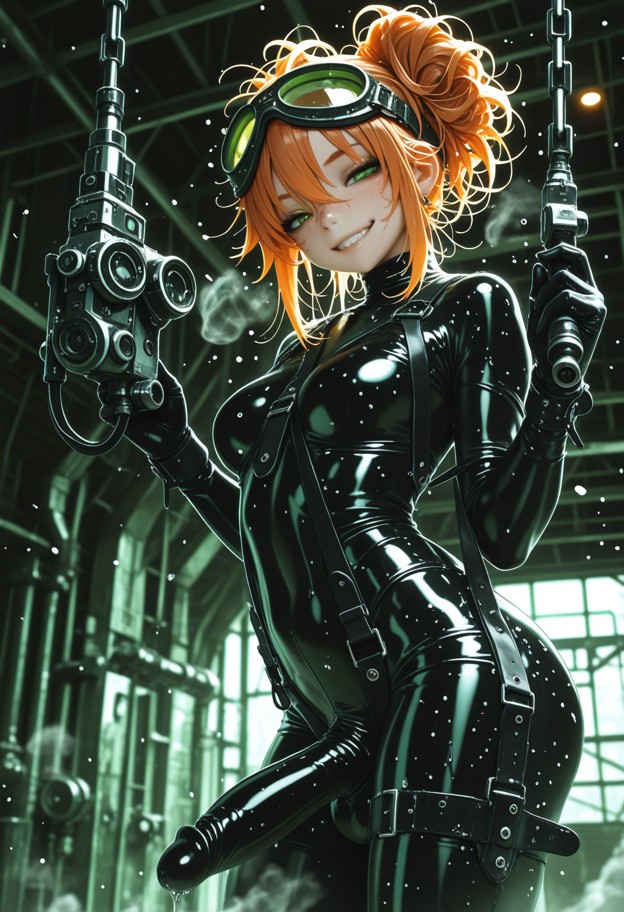 a provocative vertical low-angle shot in a dark,grimy industrial hangar. a woman is suspended in a professional black…