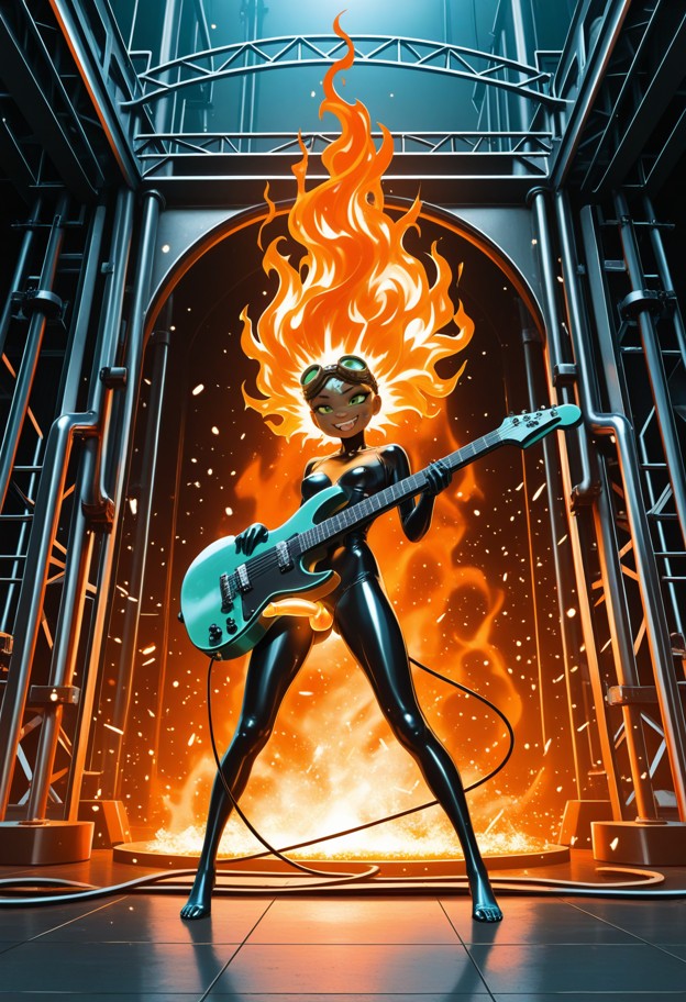 composition: extreme vertical wide-angle shot,full-body view of the guitarist. she is positioned in the lower two-thi…