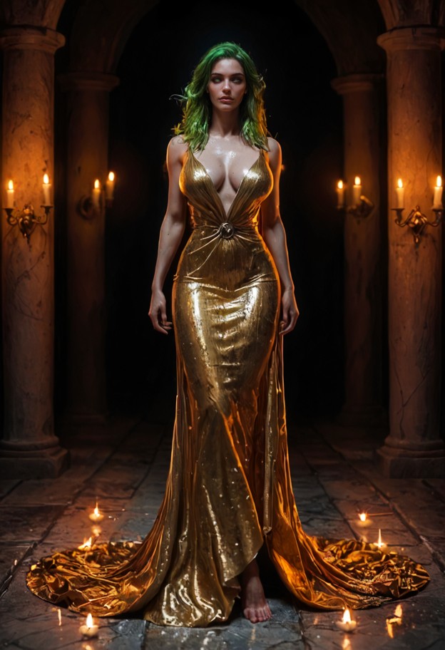 solo,serpina,hypnotic movement,fascinated expression,golden eyes,silk gown,dim chamber,night-blooming flowers,stone f…