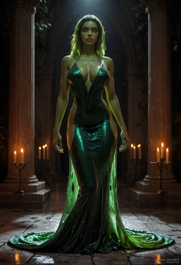 solo,serpina,panting,glowing eyes,tensed body,silk gown,dim chamber,night-blooming flowers,stone floor,flickering can…