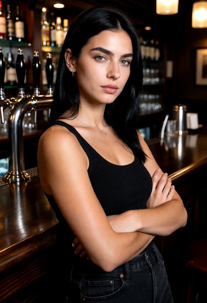 Location: dimly lit pub with a polished dark wood bar top, metal tap handles, and soft amber light reflecting off gla…